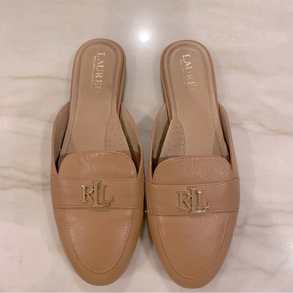 Ralph Lauren Tan Leather RLL Backless Loafers slip on mules leather 6.5